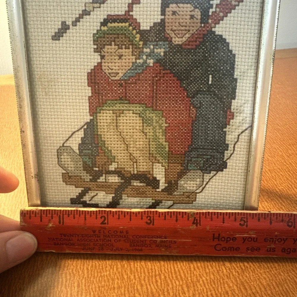 Vtg Crossstitch In Gold Grame Winter Holiday Sledding